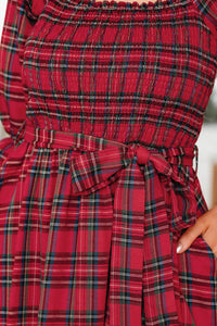 KaleaBoutique Stylish Plaid Square Neck Puff Sleeve Knot Waist Flared Midi Dress - KaleaBoutique.com