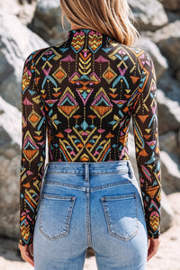KaleaBoutique Stylish Abstract Print Long Sleeve Stand Neck Mesh Top - KaleaBoutique.com