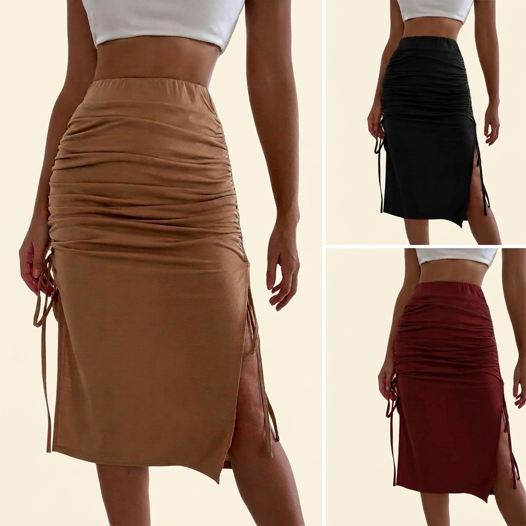 Women's Side-Drawstring Ruched Adjustable Length Midi Skirt