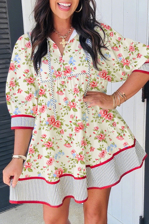 KaleaBoutique Stylish Striped Edge 3/4 Puff Sleeve Floral Dress - KaleaBoutique.com