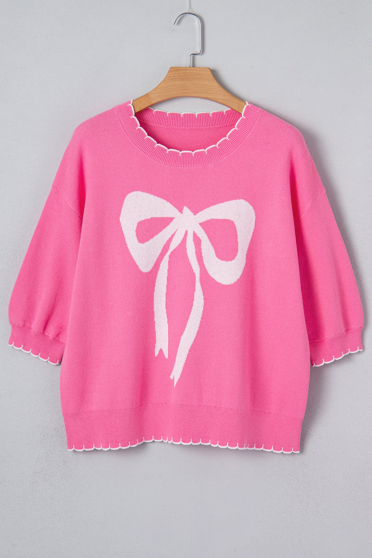 KaleaBoutique Stylish Big Ribbon Bow Print Contrast Stitch Trim Drop Shoulder Sweater - KaleaBoutique.com