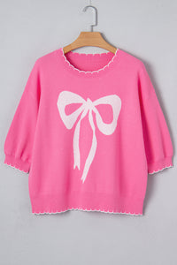 KaleaBoutique Stylish Big Ribbon Bow Print Contrast Stitch Trim Drop Shoulder Sweater - KaleaBoutique.com