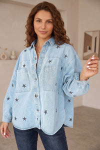 Stars Pattern Long Sleeve Shirt Collar Denim Jacket - KaleaBoutique.com