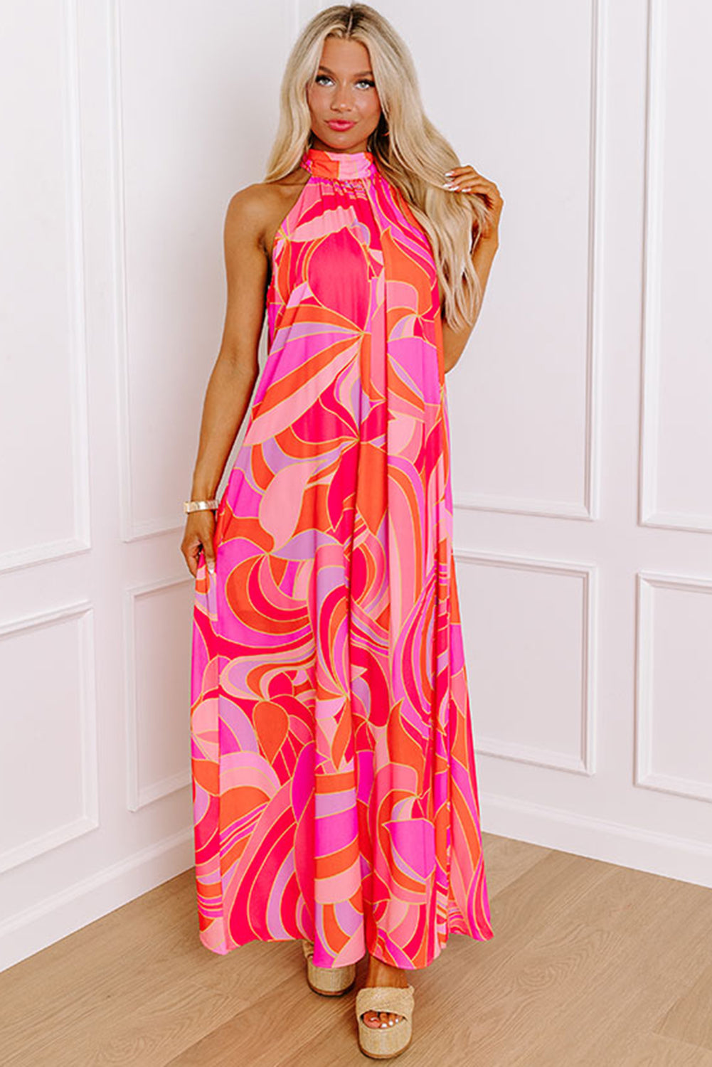KaleaBoutique Stylish Abstract Printed High Neck Knotted Nape Sleeveless Maxi Dress - KaleaBoutique.com