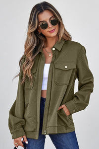 Solid Color Zip Up Button Flap Pocket Shirt Collar Jackets - KaleaBoutique.com