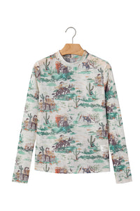 KaleaBoutique Stylish Western Print Long Sleeve Round Neck Slim Top - KaleaBoutique.com