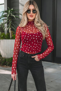 KaleaBoutique Stylish Polka Dot Patterned Bodycon Mock Neck Mesh Long Sleeve Top - KaleaBoutique.com