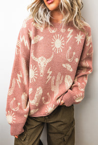 Western Print Drop Shoulder Round Neck Long Sleeve Sweater - KaleaBoutique.com