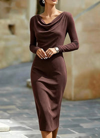 Boat Neck Long Sleeves Figure-hugging Hip-skimming Midi Dress For Women - KaleaBoutique.com