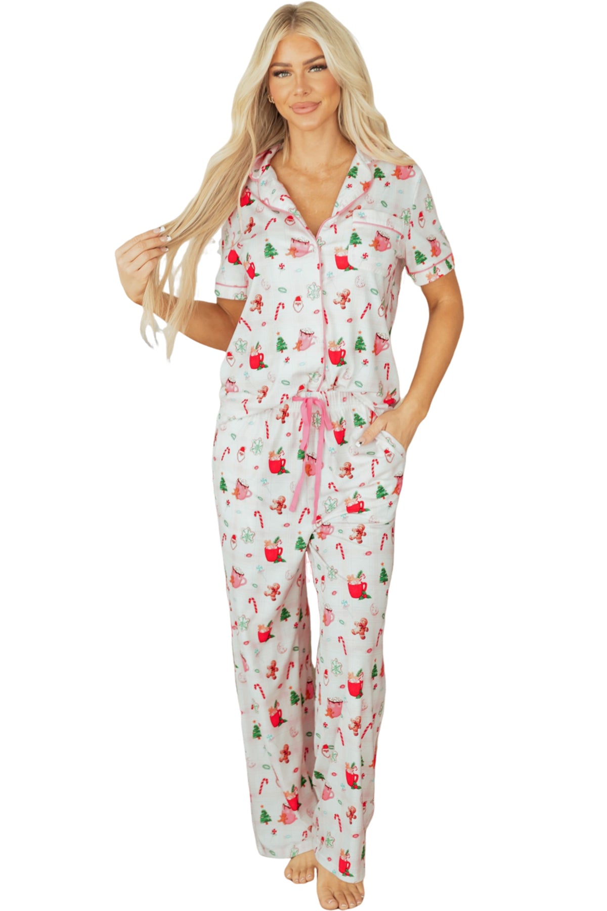KaleaBoutique Stylish Christmas Spirit Cute Holiday Print Short Sleeve Shirt and Pants 2pcs Pajama Set - KaleaBoutique.com