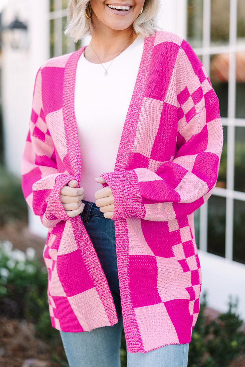 KaleaBoutique Stylish Checkered Printed Ribbed Trim Open Front Cardigan - KaleaBoutique.com