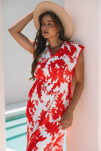 KaleaBoutique Stylish Floral Print Trimmed V Neck Ruffle Sleeve Long Dress - KaleaBoutique.com