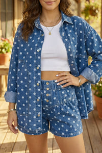 Polka Dot Long Sleeve Collar Shift Tunic Denim Jacket - KaleaBoutique.com