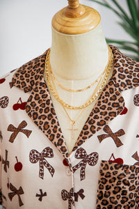 KaleaBoutique Stylish Chic Bow Cherry Printed Leopard Contrast Patchwork Shirt Drawstring Shorts 2pcs PJ Set - KaleaBoutique.com