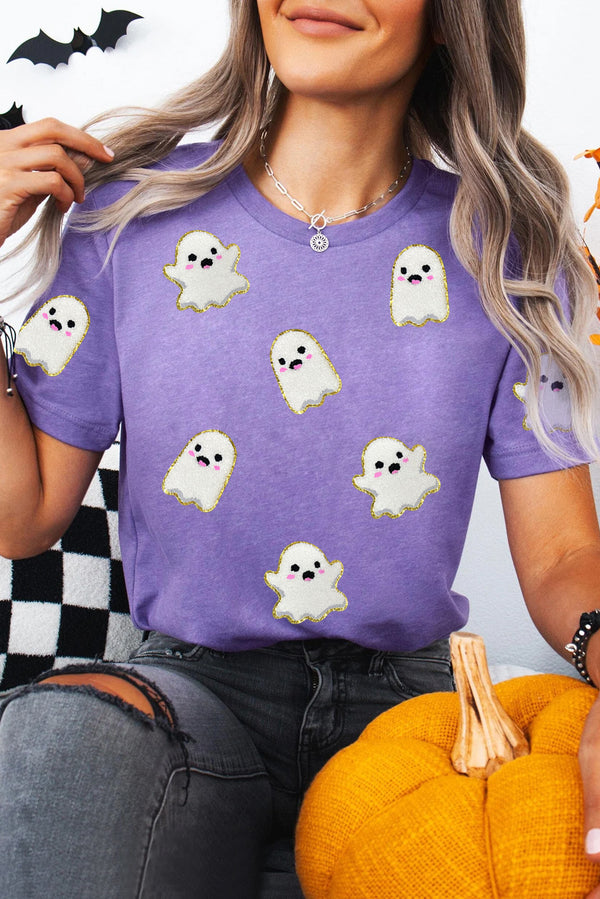 Wisteria Glitter Trim Chenille Ghost Patched Halloween Graphic Tee - KaleaBoutique.com
