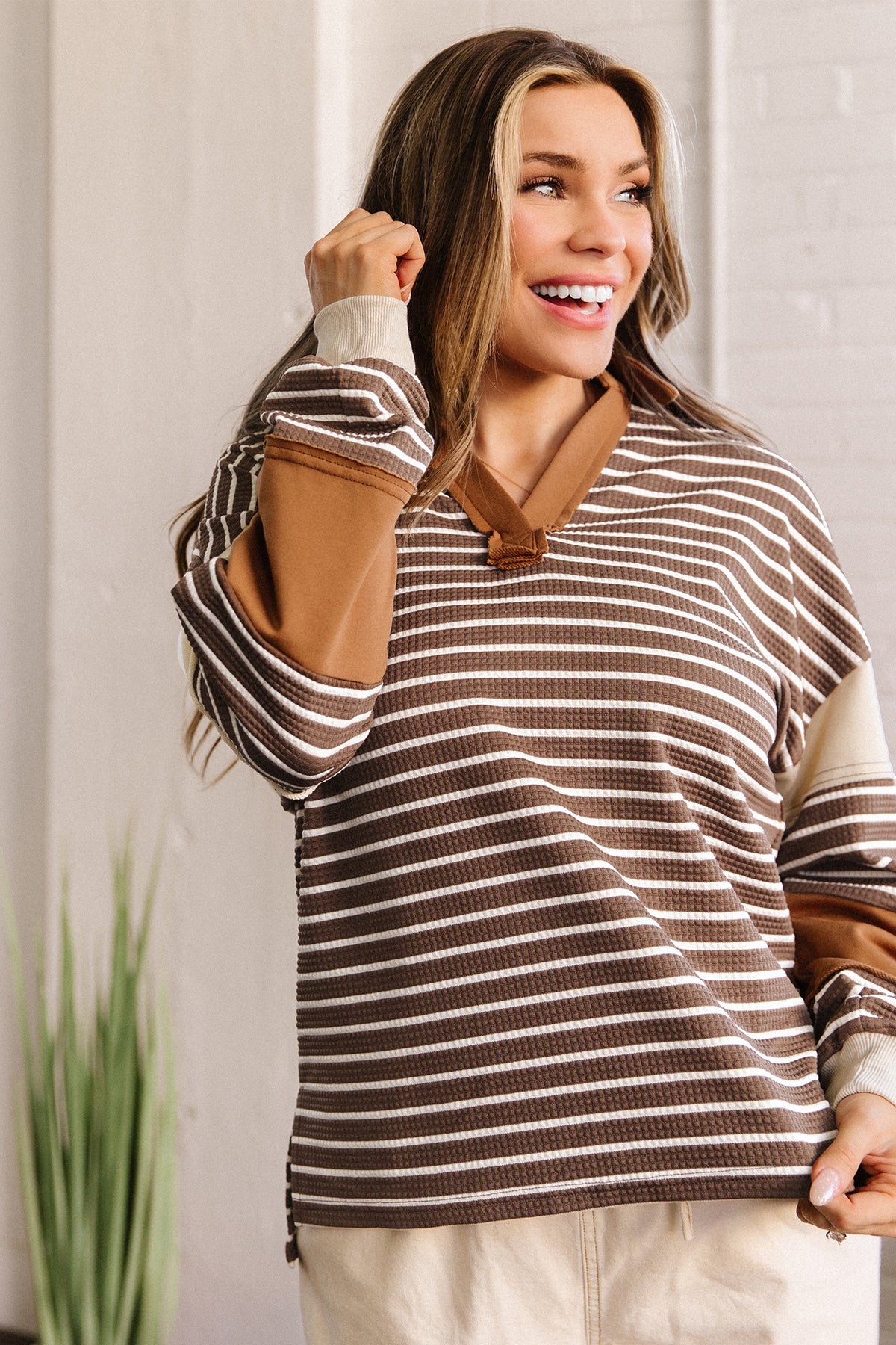 KaleaBoutique Stylish Collar V Neck Color Block Detail Long Sleeve Pullover Top - KaleaBoutique.com