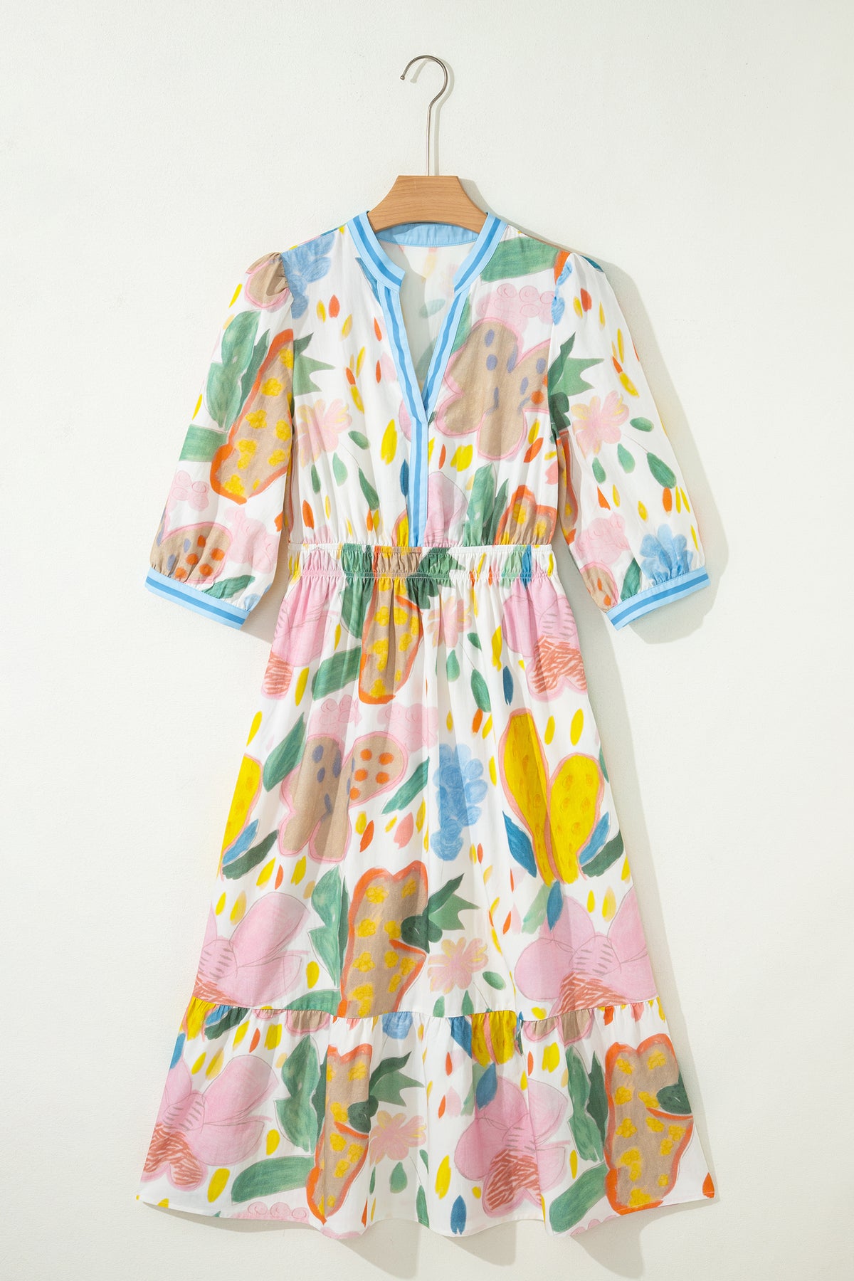 KaleaBoutique Stylish Floral Doodle Print Striped Trim V Neck Midi Dress - KaleaBoutique.com