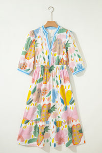KaleaBoutique Stylish Floral Doodle Print Striped Trim V Neck Midi Dress - KaleaBoutique.com
