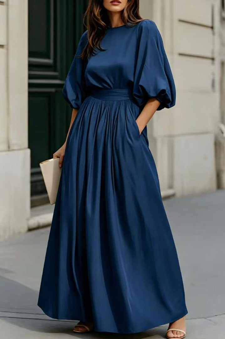 Women's Round-Neck Lantern-Sleeve Maxi Dress with Pockets - KaleaBoutique.com