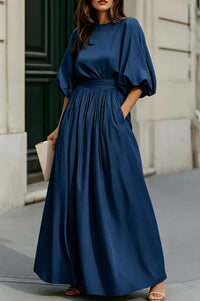 Women's Round-Neck Lantern-Sleeve Maxi Dress with Pockets - KaleaBoutique.com