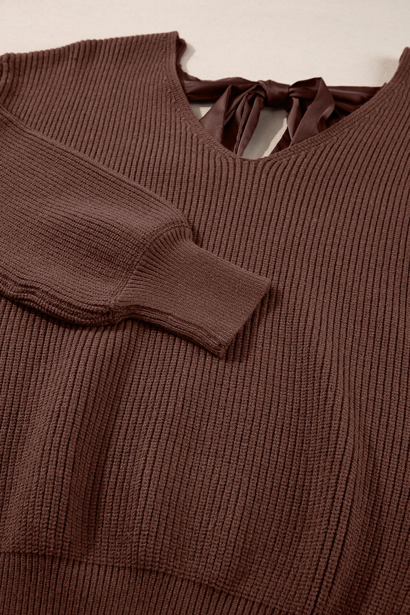 KaleaBoutique Lantern Sleeve V Neck Knot Back Sweater - KaleaBoutique.com