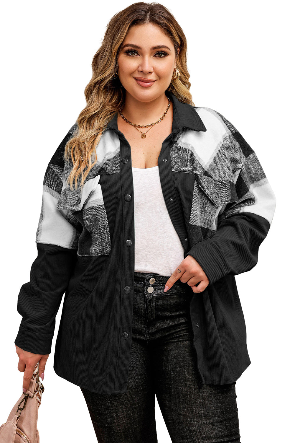 Plaid Patchwork Plus Size Corduroy Shacket - KaleaBoutique.com