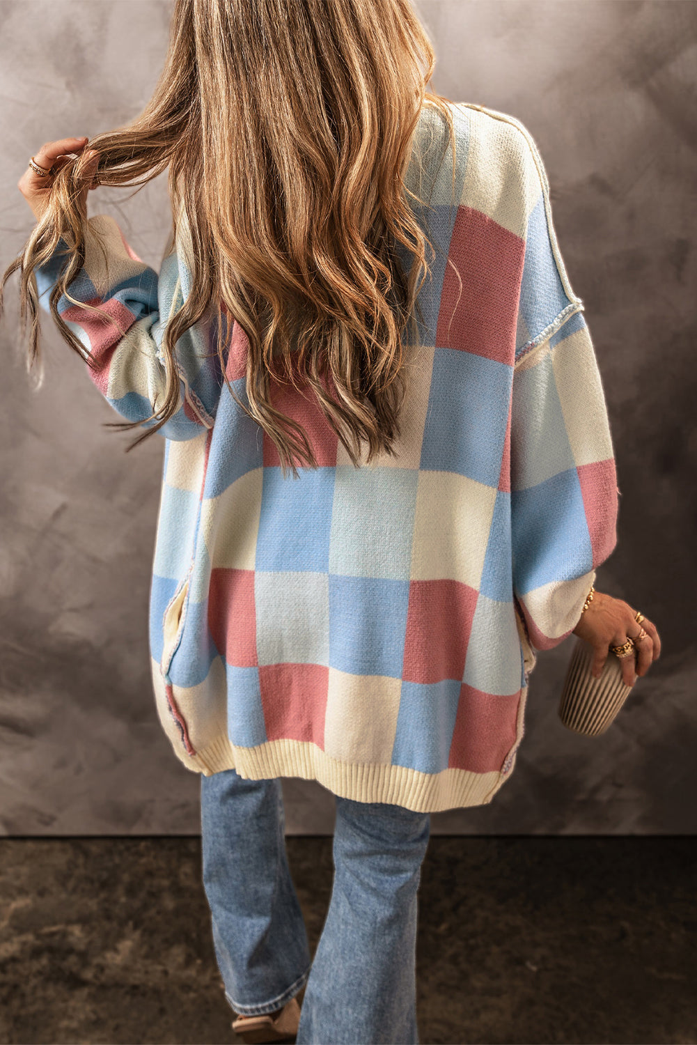 Checkered Drop Shoulder Exposed Seam Open Front Cardigan - KaleaBoutique.com