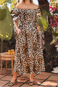 KaleaBoutique Stylish Leopard Print Bubble Sleeve Square Neck Maxi Dress - KaleaBoutique.com