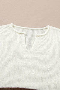 KaleaBoutique Stylish Brown Striped Accent Notched V Neck Cropped Sweater T Shirt - KaleaBoutique.com