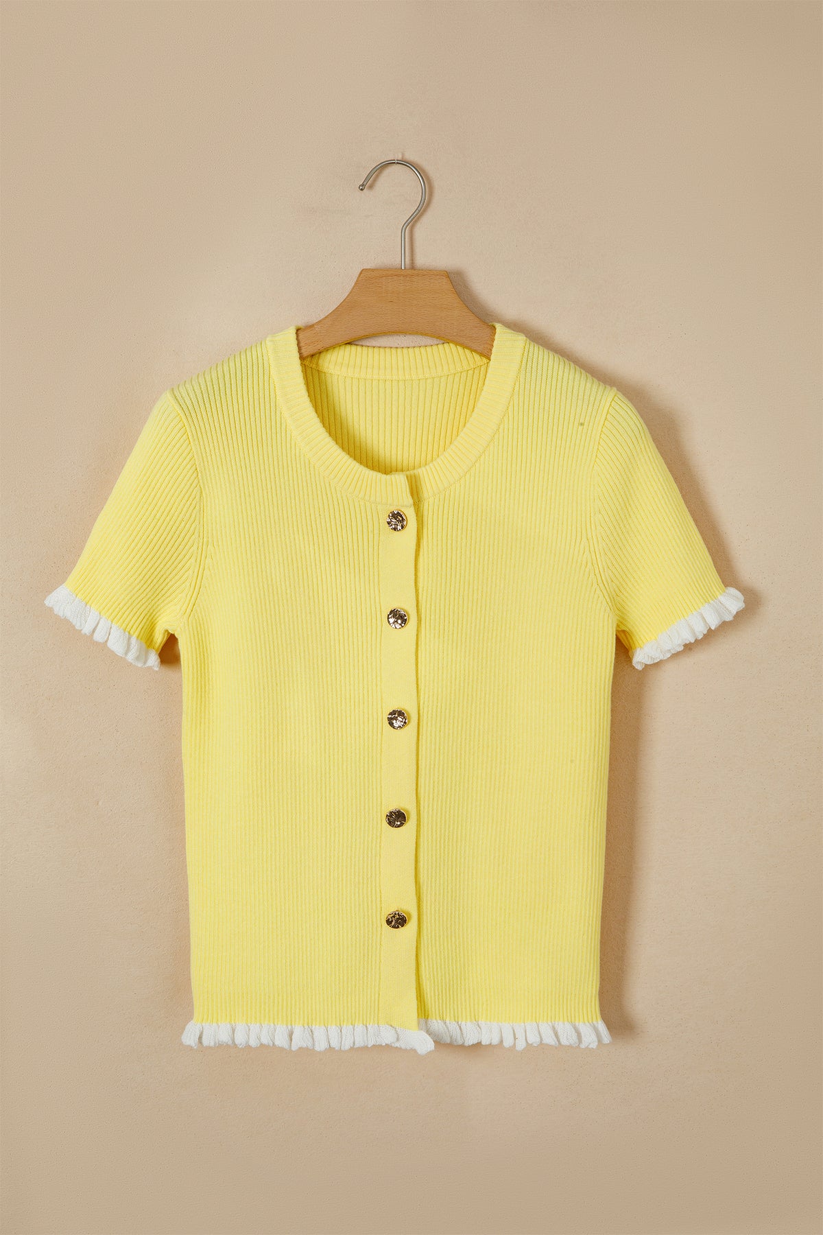 KaleaBoutique Stylish Ribbed Knit Contrast Frilled Short Sleeve Sweater Cardigan - KaleaBoutique.com
