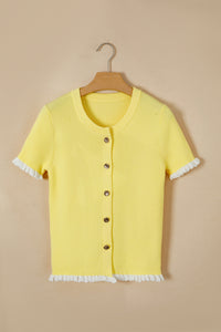 KaleaBoutique Stylish Ribbed Knit Contrast Frilled Short Sleeve Sweater Cardigan - KaleaBoutique.com