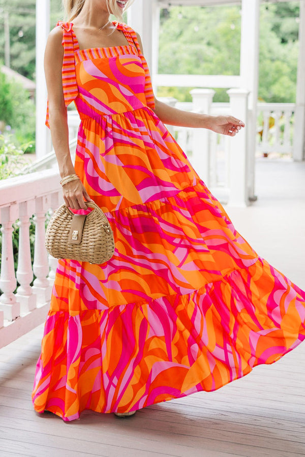 KaleaBoutique Stylish Abstract Print Knotted Shoulder High Waist Maxi Dress - KaleaBoutique.com