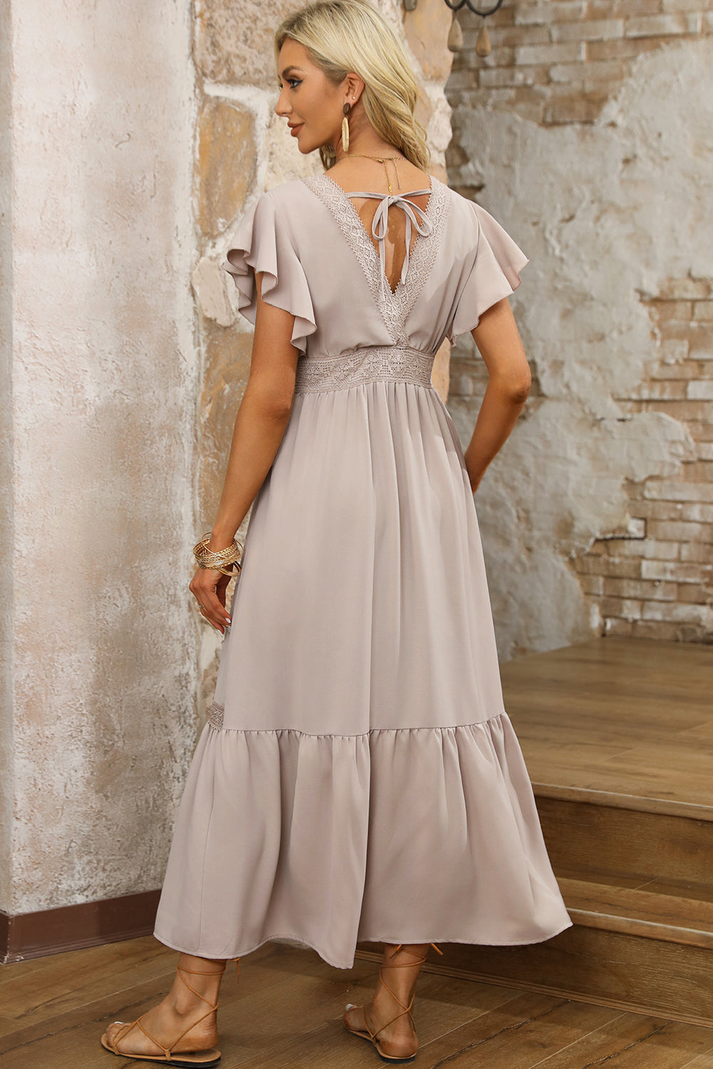 KaleaBoutique Lace V Neck Ruffled Sleeve Empire Waist Dress - KaleaBoutique.com