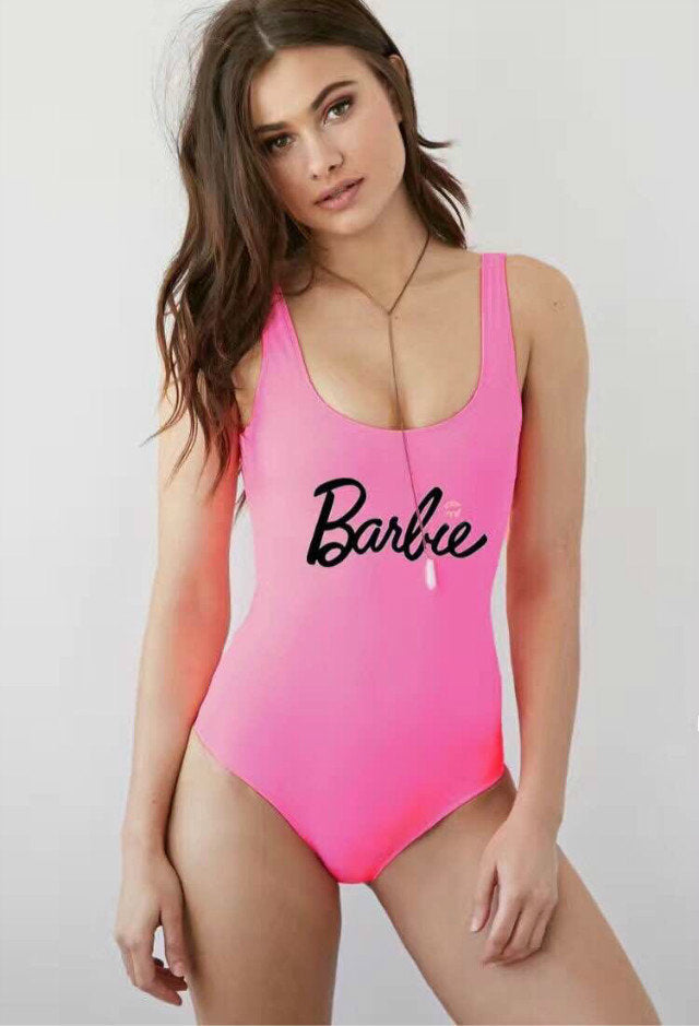 Women Scoop-Neck Script Graphic Barbie Doll Inspired One-Piece Swimsuit - KaleaBoutique.com