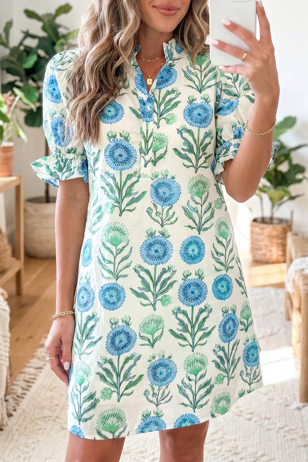 KaleaBoutique Comfortable Floral Print Half Button Frilly Short Sleeve Dress - KaleaBoutique.com