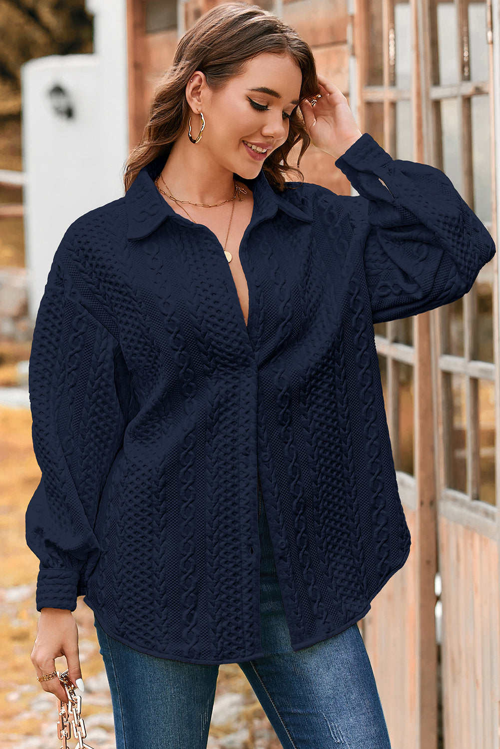 Cable Texture Puff Sleeve Loose Shacket - KaleaBoutique.com