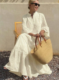 Women's Split-Neck Eyelet Flared-Sleeve Tiered Maxi Dress - KaleaBoutique.com