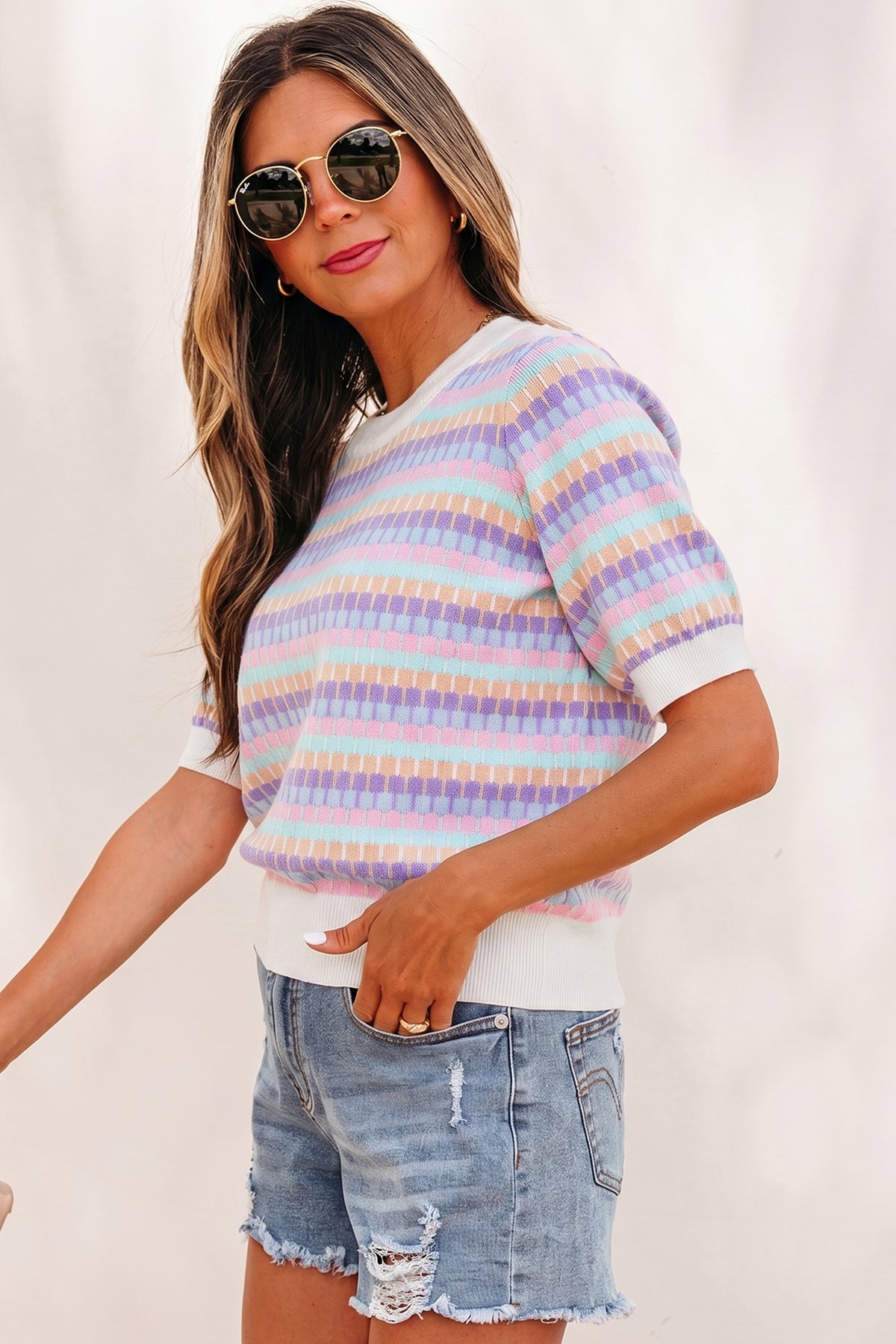 KaleaBoutique Comfortable Abstract Striped Knit Short Sleeve Sweater - KaleaBoutique.com