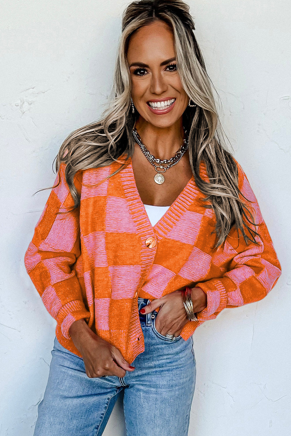 Checkered Drop Shoulder Buttoned V Neck Cardigan - KaleaBoutique.com