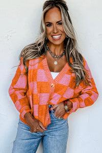 Checkered Drop Shoulder Buttoned V Neck Cardigan - KaleaBoutique.com