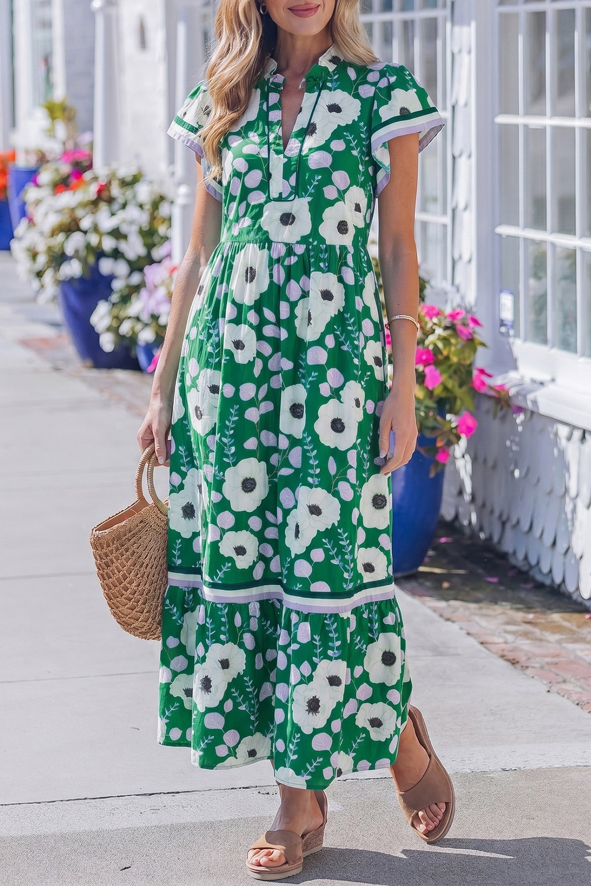 KaleaBoutique Stylish V Neck Ruffled Short Sleeve Flower Maxi Dress - KaleaBoutique.com