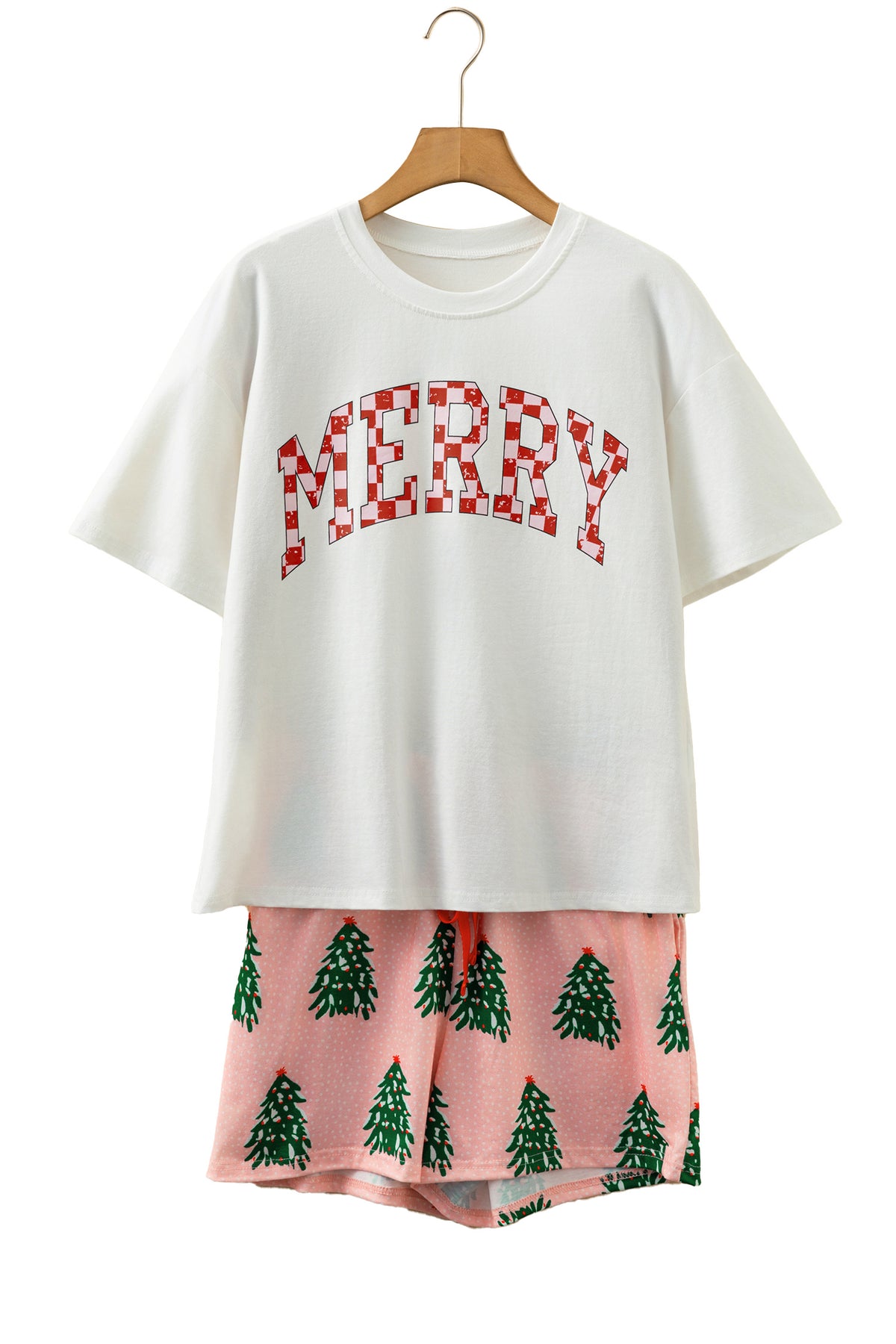 KaleaBoutique Stylish Checkered MERRY Graphic Christmas Tree Print Short Lounge Set - KaleaBoutique.com