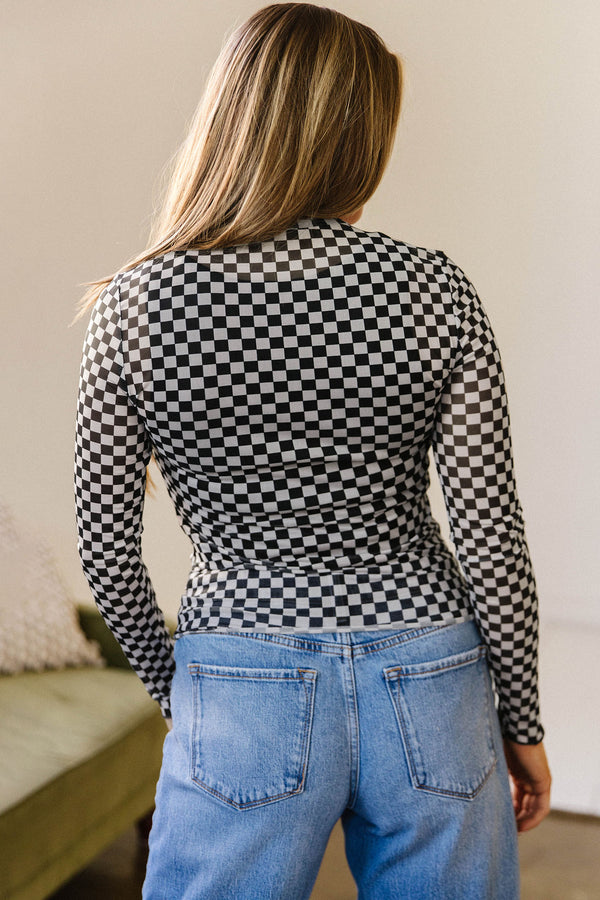 KaleaBoutique Stylish Plaid Stand Neck Long Sleeve Mesh Top - KaleaBoutique.com