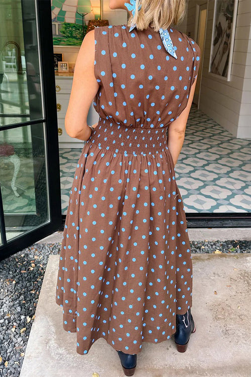 KaleaBoutique Stylish Polka Dot Print Contrast Trim V Neck Zip Up Sleeveless Dress - KaleaBoutique.com