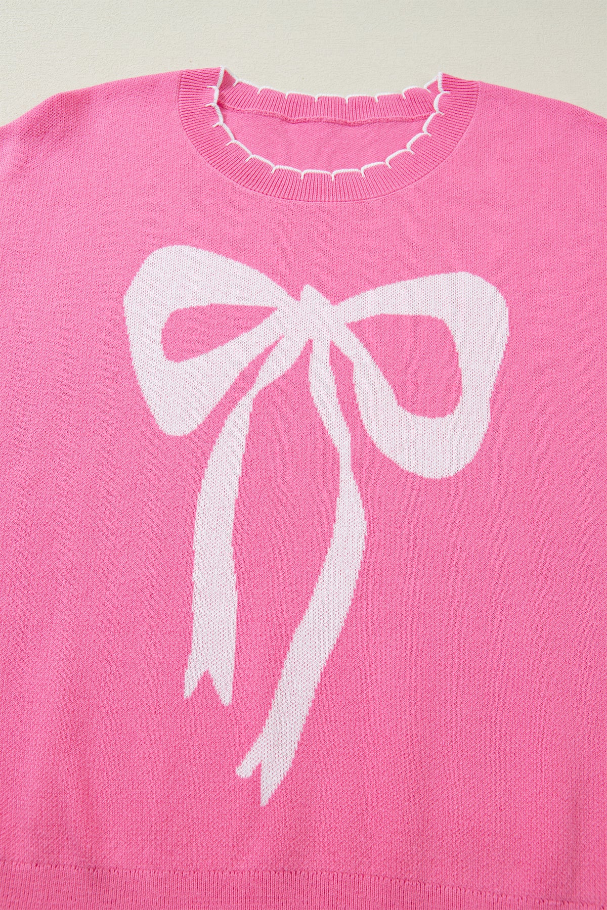 KaleaBoutique Stylish Big Ribbon Bow Print Contrast Stitch Trim Drop Shoulder Sweater - KaleaBoutique.com