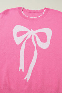 KaleaBoutique Stylish Big Ribbon Bow Print Contrast Stitch Trim Drop Shoulder Sweater - KaleaBoutique.com