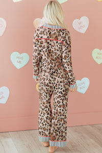 KaleaBoutique Stylish Dearlove Leopard Print Colorblock Striped Edge Shirt and Pants Pajama Set - KaleaBoutique.com
