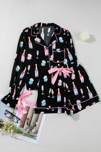 KaleaBoutique Stylish Christmas Wine Glass Print Bow Knot Two Piece Pajama Set - KaleaBoutique.com