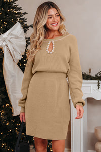 KaleaBoutique Stylish Pearl Embellished Keyhole Ribbed Sweater Dress - KaleaBoutique.com