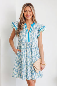 KaleaBoutique Stylish Floral Print Contrast Trim Flutter Sleeve Mini Dress - KaleaBoutique.com